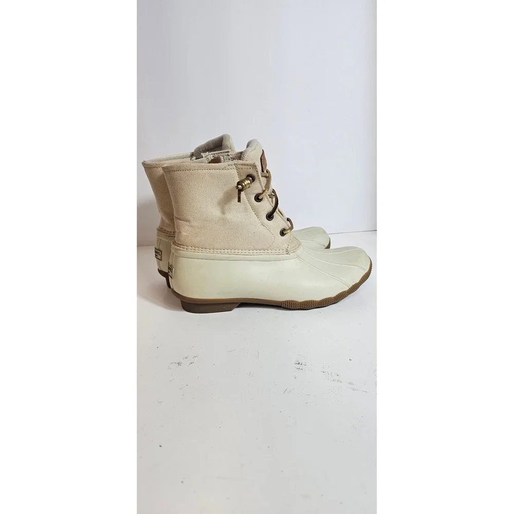 Sperry Saltwater Duck Boots Womens 8.5 Cream Tan Canvas Waterproof STS80493